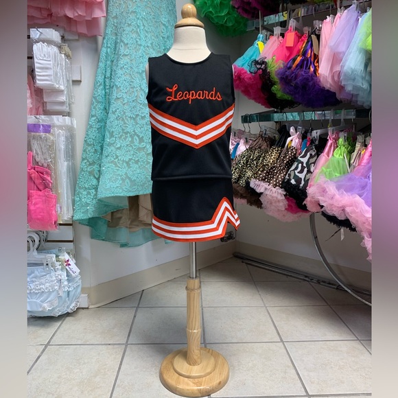Childs 3, 6 or 8 Black Orange & White Leopards Logo Cheerleading Uniform Set NWT - Picture 1 of 2